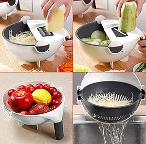 9 in 1 Multifunction Vegetable Cutter with Drain Basket Magic Rotate Portable Slicer, Chopper.