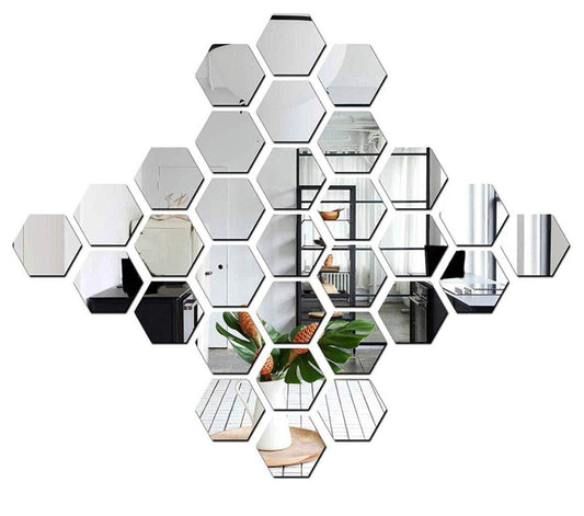 DS WallDaddy Mirror Stickers For Wall Pack Of 32 Hexagon Silver Color Flexible Mirror Size (10x12)Cm Each Hexagon