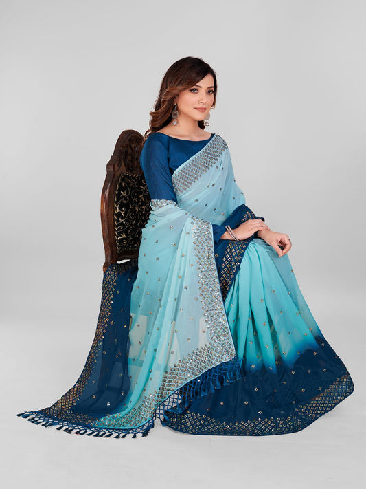 DS Fancy Sequined Embroidered Teal Blue and Sky Blue Coloured Georgette Saree with Blouse Piece
