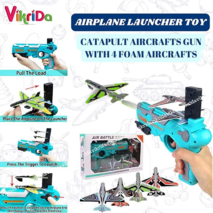 DS Airplane Launcher Toy Catapult Aircrafts Gun with 4 Foam Planes